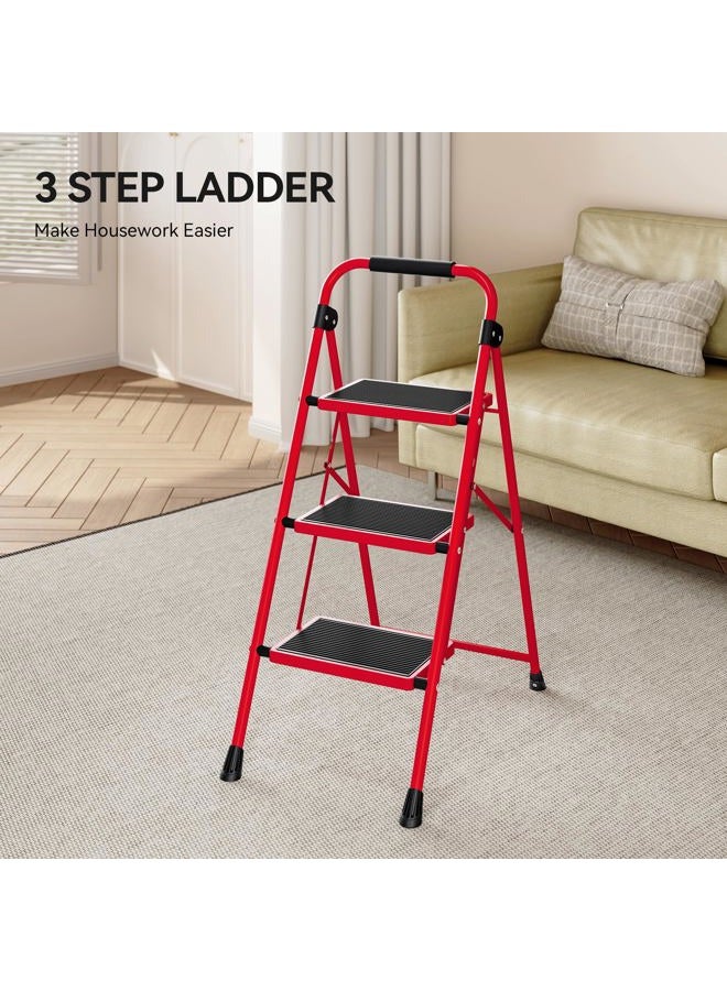 KINGRACK 3 Step Ladder, Folding Step Stool with Anti-Slip and Wide Pedal, Lightweight Stepladder with Handrails, Portable for Kitchen, Household, Red - Image 3