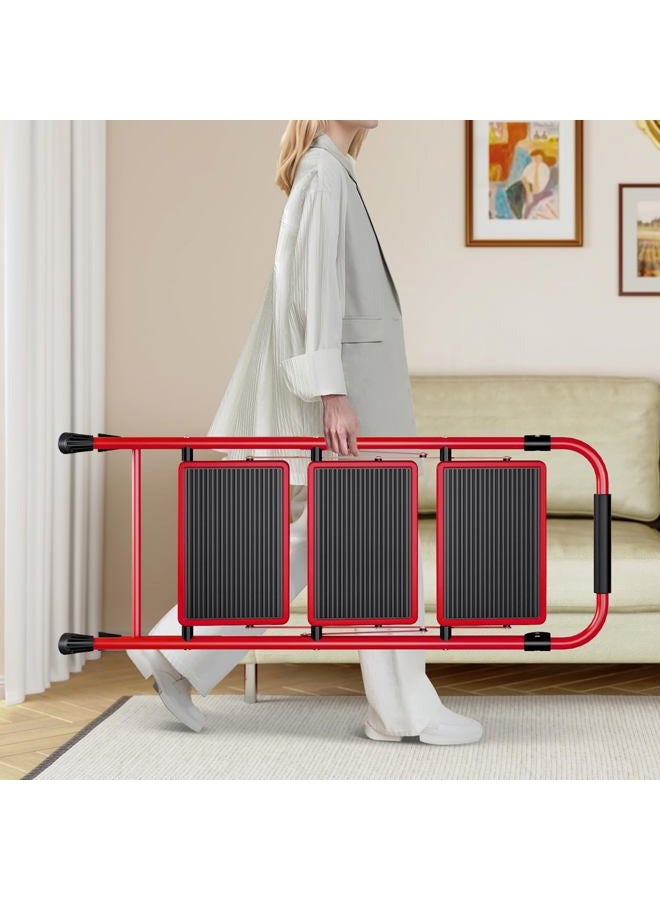 KINGRACK 3 Step Ladder, Folding Step Stool with Anti-Slip and Wide Pedal, Lightweight Stepladder with Handrails, Portable for Kitchen, Household, Red - Image 5