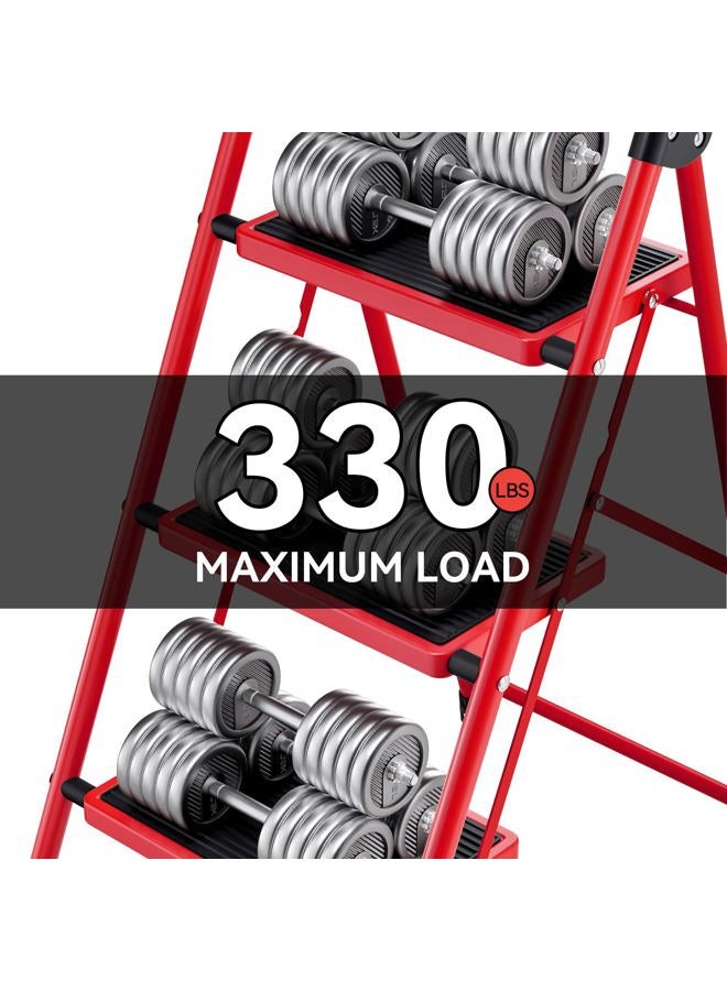KINGRACK 3 Step Ladder, Folding Step Stool with Anti-Slip and Wide Pedal, Lightweight Stepladder with Handrails, Portable for Kitchen, Household, Red - Image 2