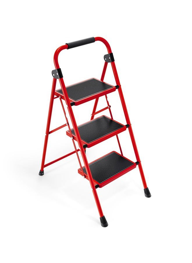 KINGRACK 3 Step Ladder, Folding Step Stool with Anti-Slip and Wide Pedal, Lightweight Stepladder with Handrails, Portable for Kitchen, Household, Red - Image 1