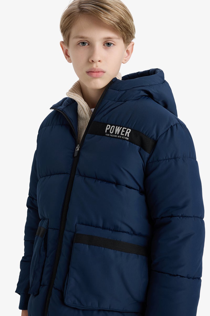 DeFacto Blue Boy Boy Waterproof Hooded Fleece Lined Puffer Jacket Casual - Image 3