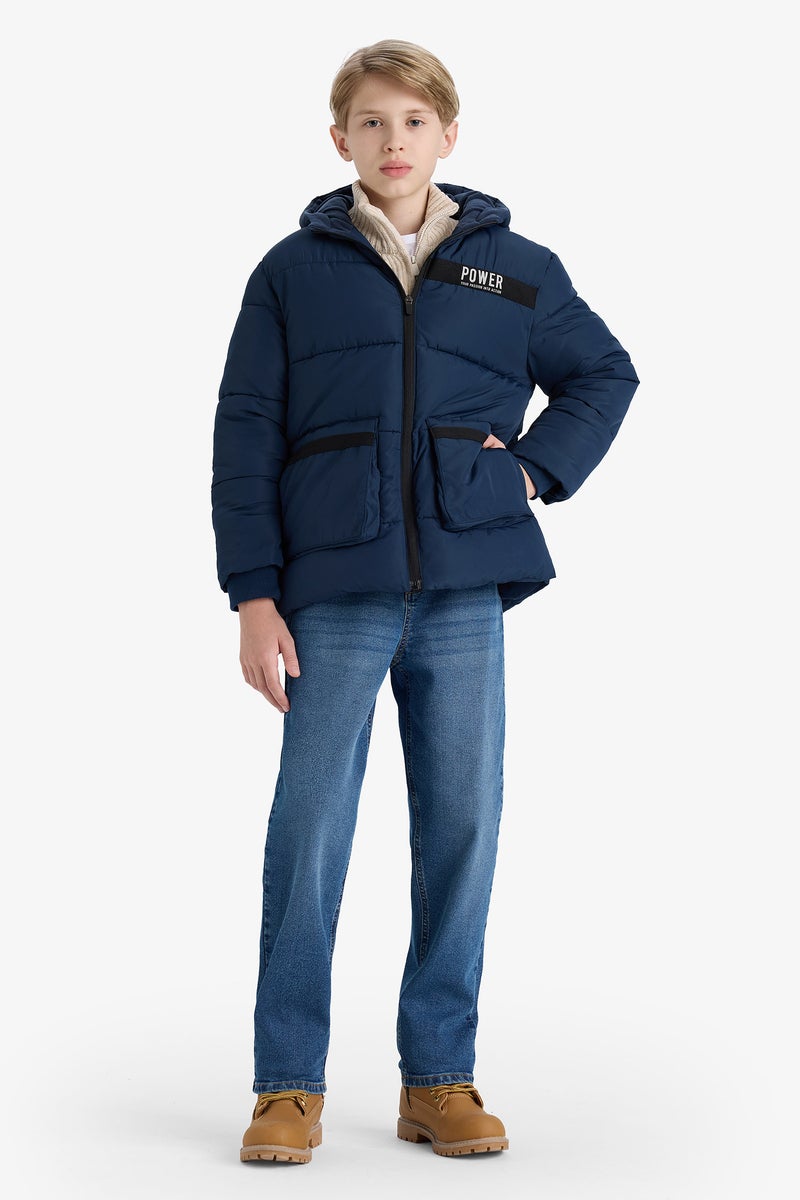 DeFacto Blue Boy Boy Waterproof Hooded Fleece Lined Puffer Jacket Casual - Image 2