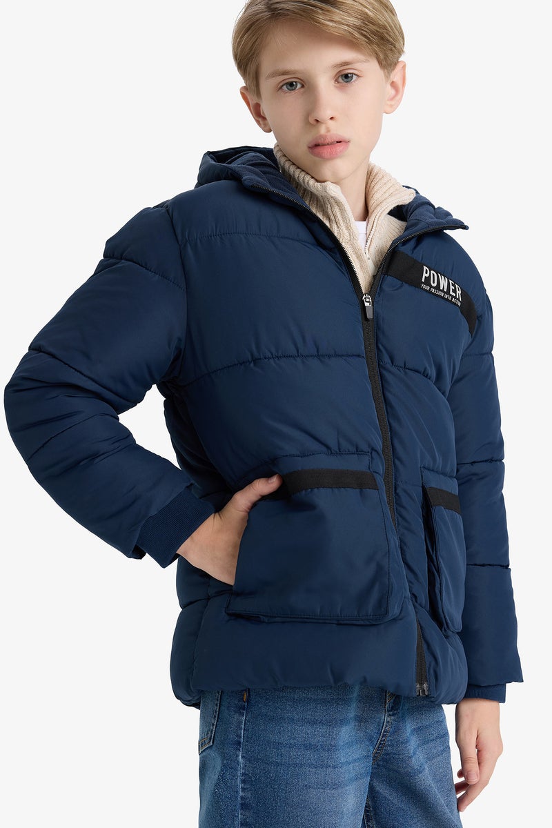 DeFacto Blue Boy Boy Waterproof Hooded Fleece Lined Puffer Jacket Casual - Image 4