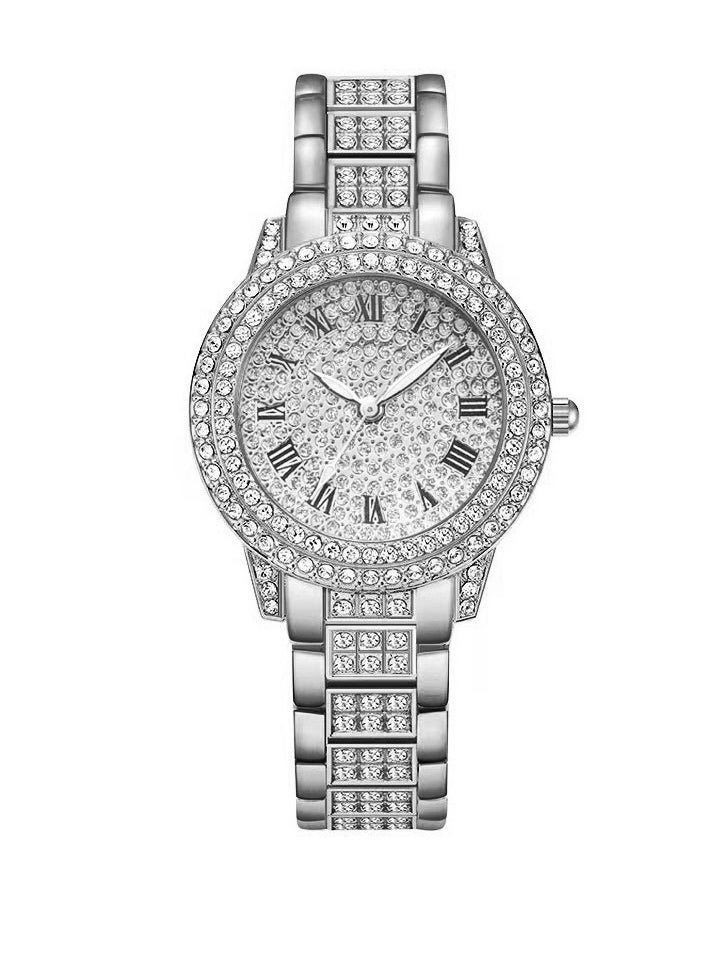 Generic New Fashion Trend Diamond Full Diamond Roman Pattern Ladies Watch Bracelet Silver  - Image 1