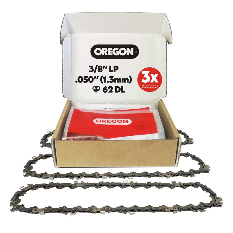 Oregon 3-Pack Chainsaw Chain 3/8" LP Pitch, .050" (1.3 mm) Gauge for 18" (45cm) Bar, 62 Drive Links â€“ Low-kickback Replacement Saw Chain, Fits Husqvarna, Echo, Poulan, Homelite, Craftsman and more - Image 1