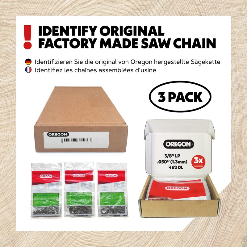 Oregon 3-Pack Chainsaw Chain 3/8" LP Pitch, .050" (1.3 mm) Gauge for 18" (45cm) Bar, 62 Drive Links â€“ Low-kickback Replacement Saw Chain, Fits Husqvarna, Echo, Poulan, Homelite, Craftsman and more - Image 5