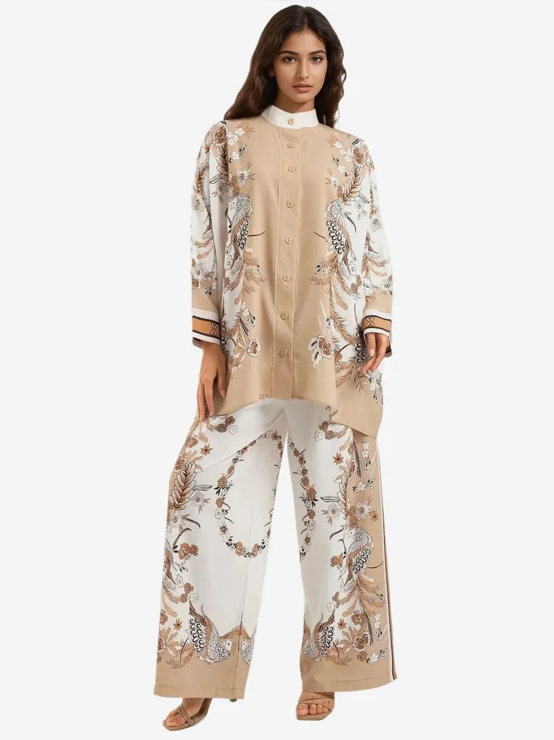 Flowering Tippet Collar High Waist Two-Piece Set