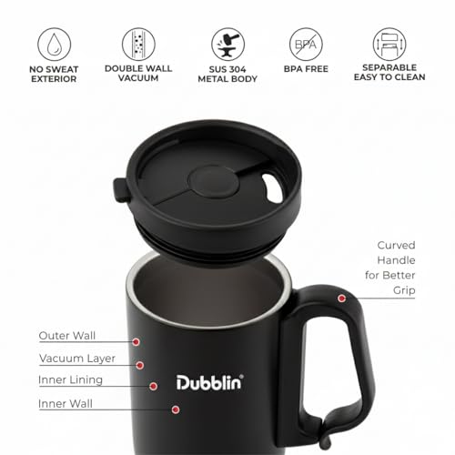 DUBBLIN Casa Stainless Steel Unbreakable Tea Coffee Mug Double Wall with Handle and Lid, Wide Mouth Mug Keeps Beverages Hot & Cold 270 ML Black - Image 5