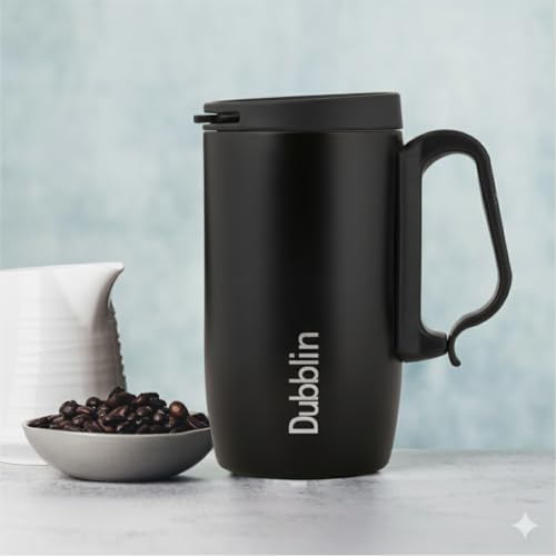 DUBBLIN Casa Stainless Steel Unbreakable Tea Coffee Mug Double Wall with Handle and Lid, Wide Mouth Mug Keeps Beverages Hot & Cold 270 ML Black - Image 1