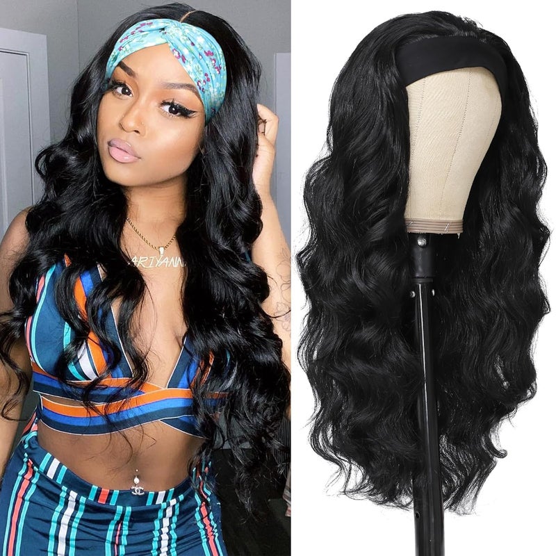 xccoco Black HeadBand Wigs for Women Long Wavy Headband Wigs 24inch Put On and Go Glueless Half Wig Loose Wave Synthetic Long Wigs for Women 200 Density