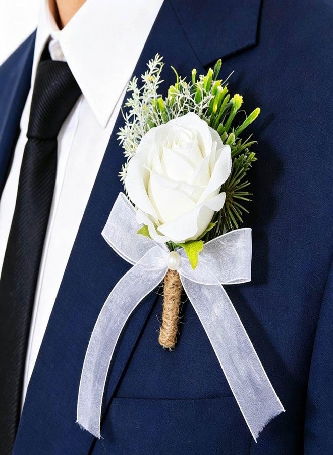 Latious Wedding Rose Boutonniere White Groom Flower Men's Boutineer Prom Buttonholes Party Suit Decor Anniversary Accessories for Bridegroom and Man (A- White) - Image 4