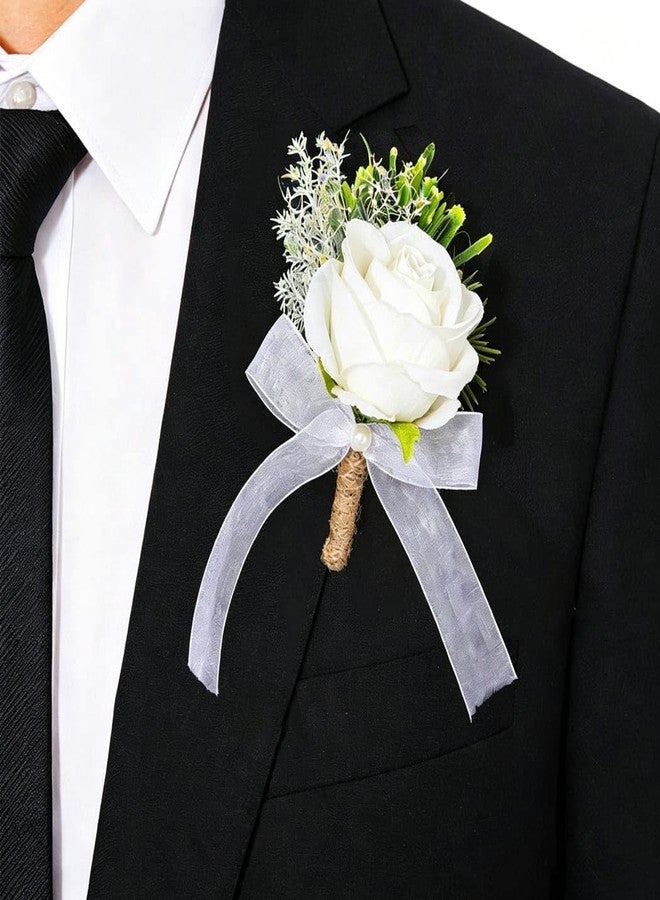 Latious Wedding Rose Boutonniere White Groom Flower Men's Boutineer Prom Buttonholes Party Suit Decor Anniversary Accessories for Bridegroom and Man (A- White) - Image 1