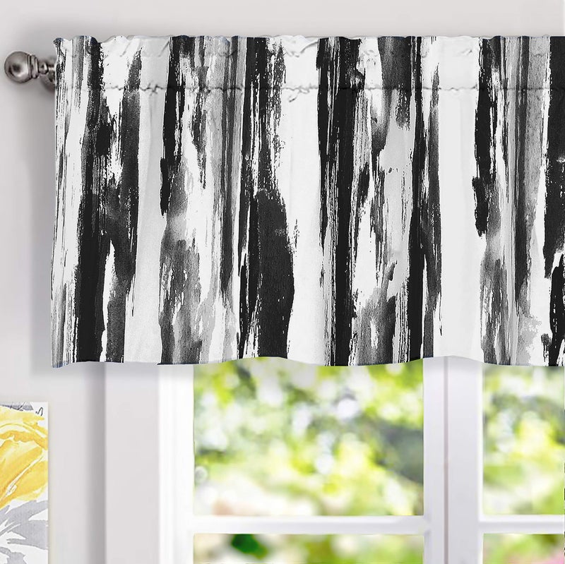 DriftAway Paint Brush Watercolor Lined Thermal Insulated Blackout Window Curtain Valance Rod Pocket Black Gray Ink Stripe Pattern 2 Layers 52 Inch by 18 Inch Plus 2 Inch Header 1 Pack - Image 1