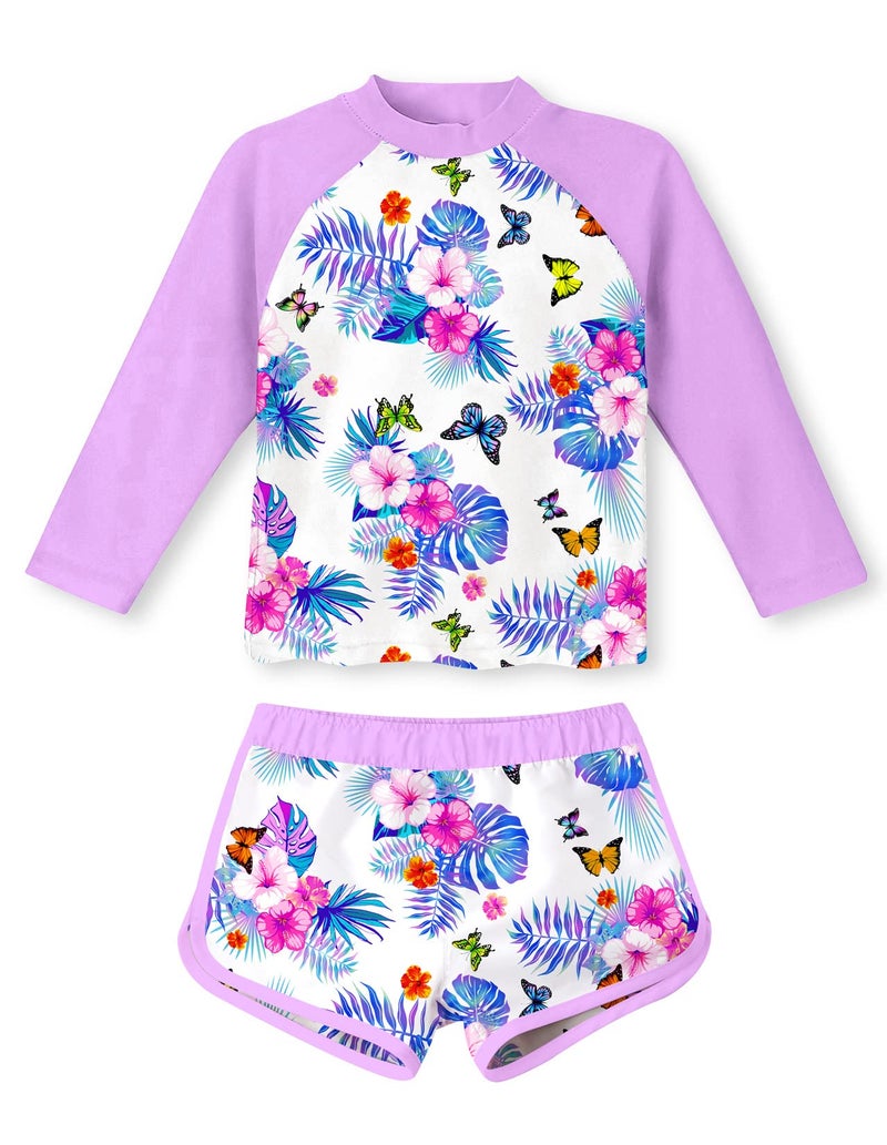TUONROAD Little Girls 2-Piece Swimming Suits 7 8 Yrs Old Long Sleeve Rash Guard Hawaiian Style Bathing Suit with UPF 50+ Sun Protection for Summer Beachwear Swimwear Flower - Image 1