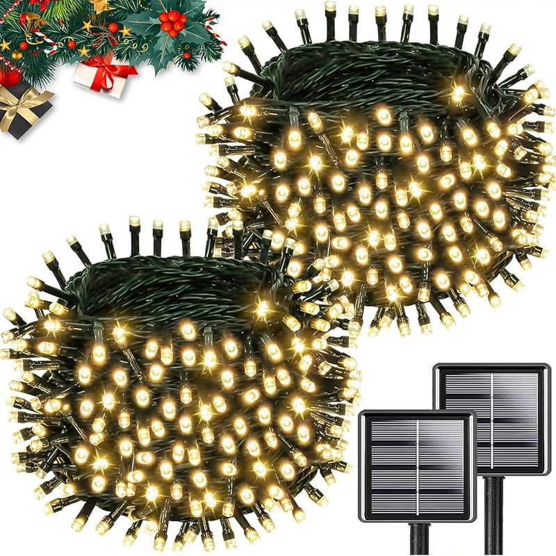 KAQ Solar String Lights Outdoor Waterproof, 2PK 200LED 66FT Twinkle Lights Auto On/Off Solar Powered LED Fairy Light Green Wire with 8 Modes for Christmas Tree Party Wedding Garden Decoration (Warm White) - Image 1