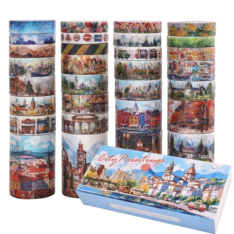 emmoolife 32 Rolls Vintage Washi Tape Set, European Cityscapes with Architectures & Scenery, Writable Decorative Tapes for Scrapbooking, Junk Journal Bullet Journal Supplies 8-50mm Wide, Artistic Adhesive Tape - Image 2