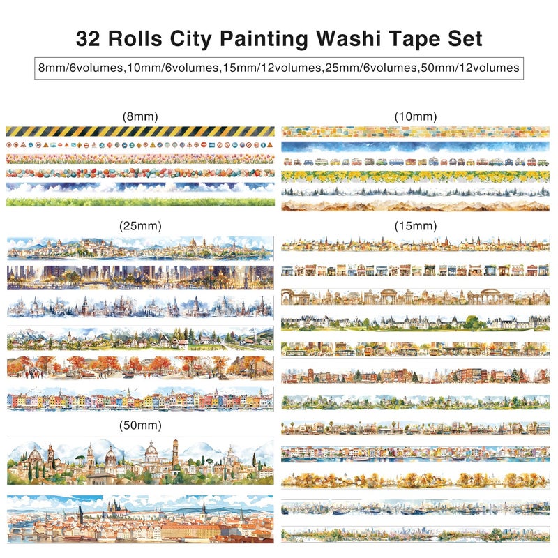 emmoolife 32 Rolls Vintage Washi Tape Set, European Cityscapes with Architectures & Scenery, Writable Decorative Tapes for Scrapbooking, Junk Journal Bullet Journal Supplies 8-50mm Wide, Artistic Adhesive Tape - Image 3