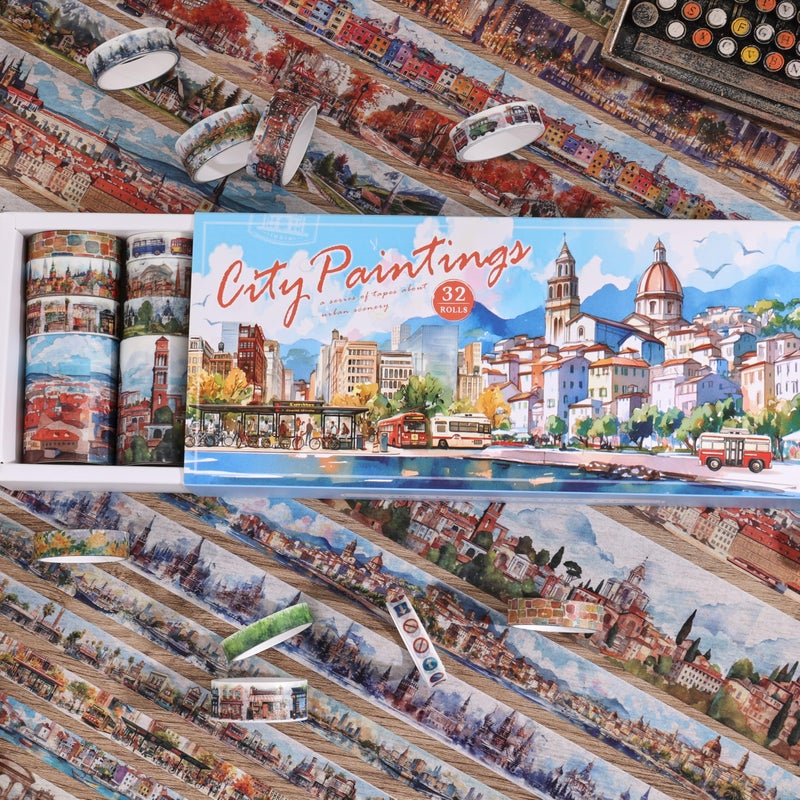 emmoolife 32 Rolls Vintage Washi Tape Set, European Cityscapes with Architectures & Scenery, Writable Decorative Tapes for Scrapbooking, Junk Journal Bullet Journal Supplies 8-50mm Wide, Artistic Adhesive Tape - Image 4
