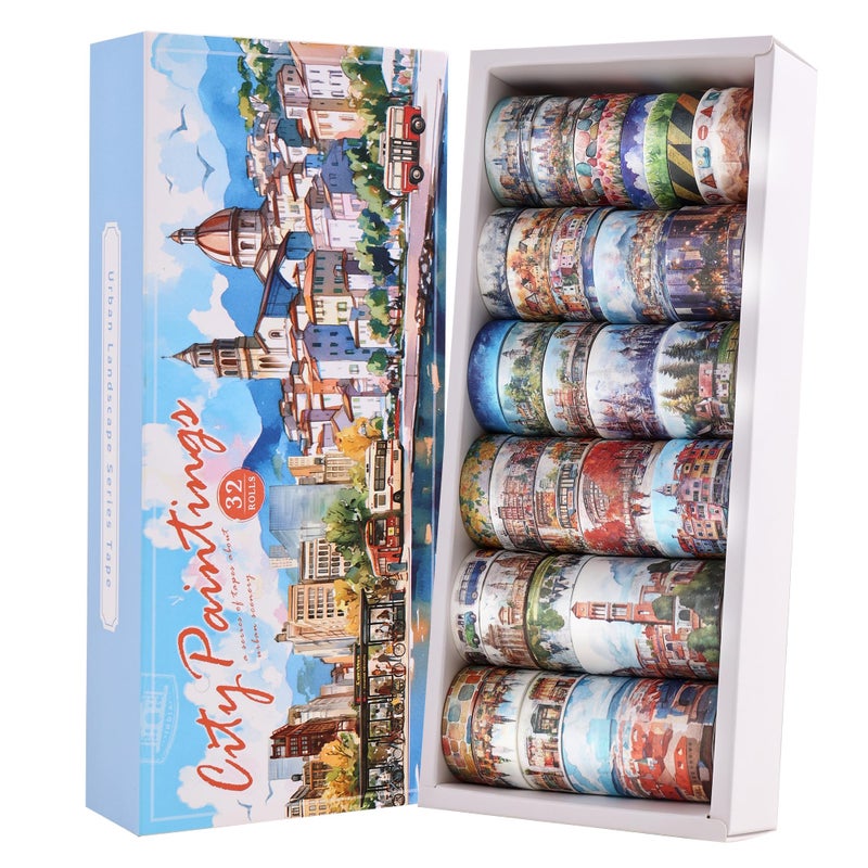 emmoolife 32 Rolls Vintage Washi Tape Set, European Cityscapes with Architectures & Scenery, Writable Decorative Tapes for Scrapbooking, Junk Journal Bullet Journal Supplies 8-50mm Wide, Artistic Adhesive Tape - Image 1