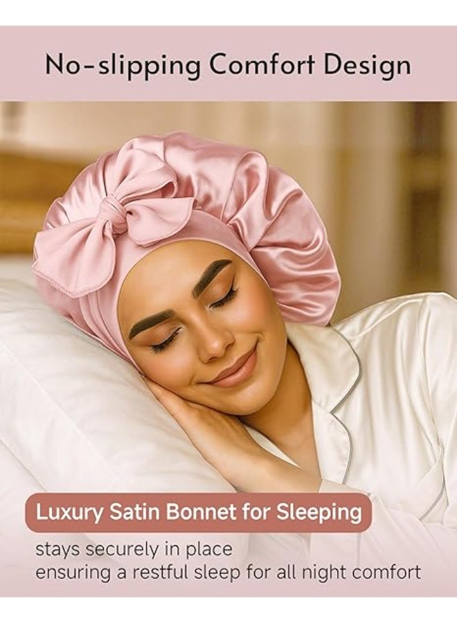 3 قطع قبعة ساتان حريرية للنوم بطبقتين مبطنتين للساتان مع رباط للشعر للنساء ذوات الشعر المجعد - Image 3