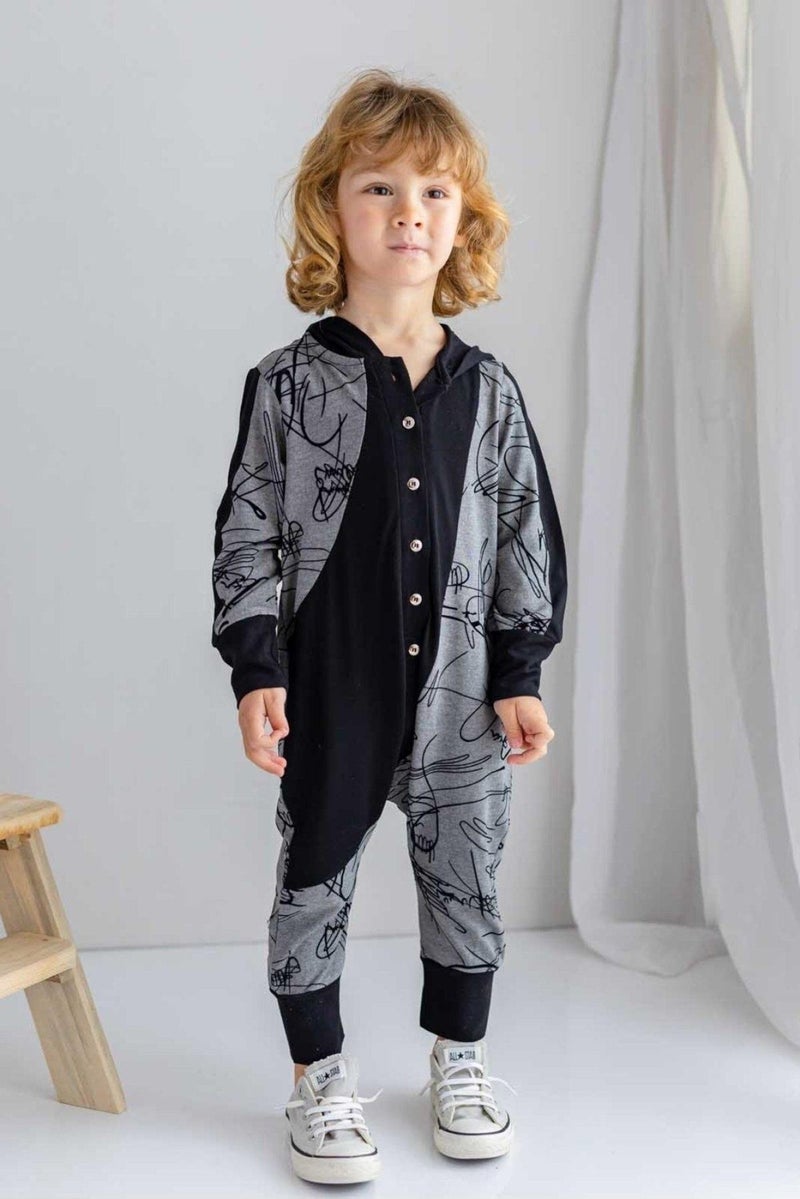 Black Gray Thin Knitwear Geometric Patterned Hooded Front Buttoned Winter Children's Jumpsuit