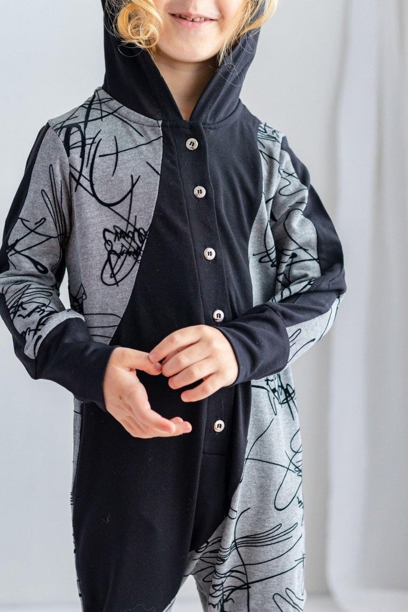Black Gray Thin Knitwear Geometric Patterned Hooded Front Buttoned Winter Children's Jumpsuit