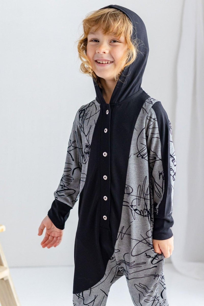 Black Gray Thin Knitwear Geometric Patterned Hooded Front Buttoned Winter Children's Jumpsuit