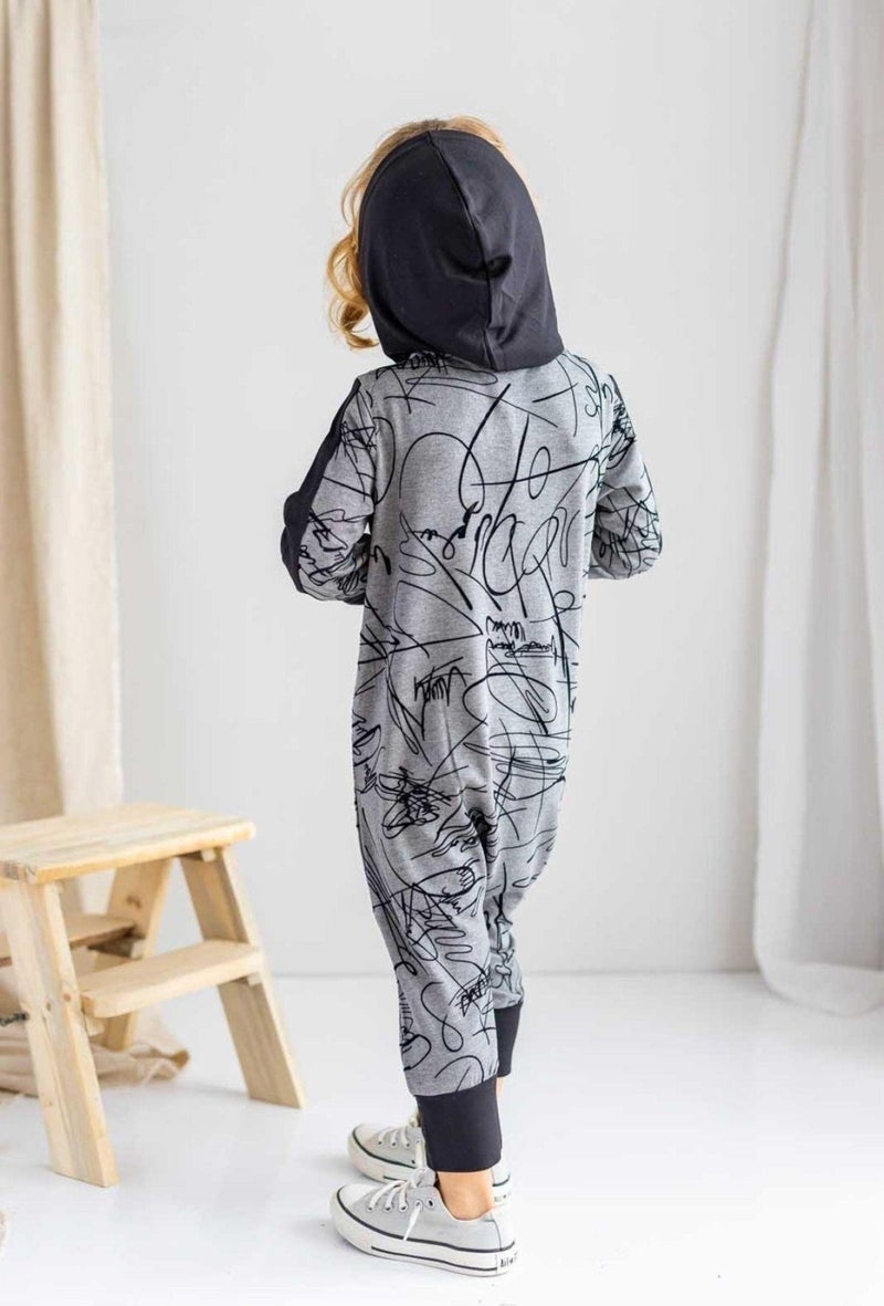 Black Gray Thin Knitwear Geometric Patterned Hooded Front Buttoned Winter Children's Jumpsuit