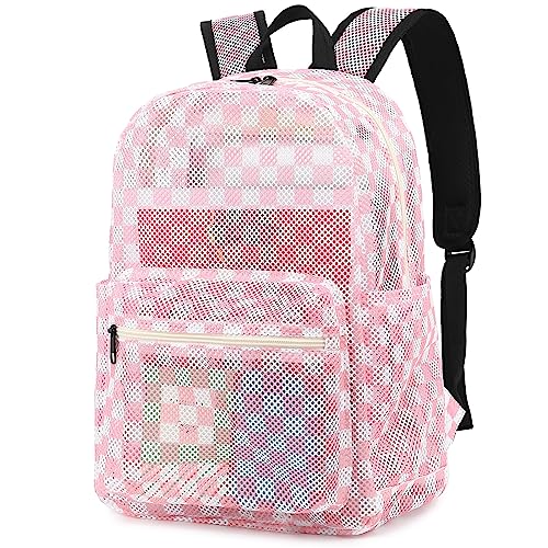 Dezcrab Checkered Mesh Backpack for Girls Kids Teens School Backpacks Women Bookbags Semitransparent Beach Backpacks Pink - Image 1