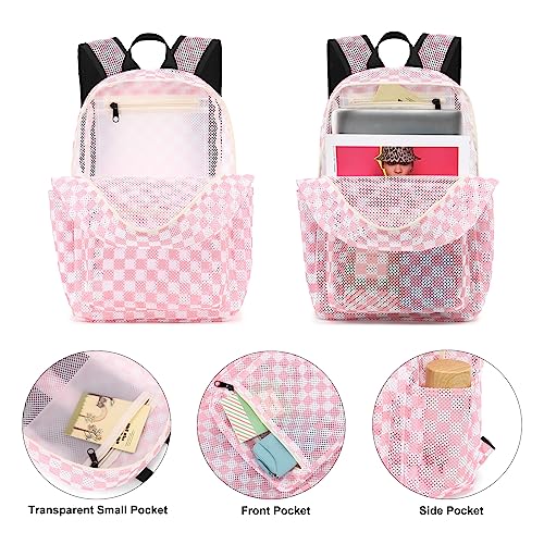 Dezcrab Checkered Mesh Backpack for Girls Kids Teens School Backpacks Women Bookbags Semitransparent Beach Backpacks Pink - Image 3