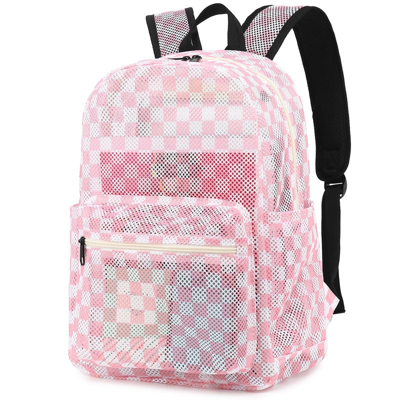 Dezcrab Checkered Mesh Backpack for Girls Kids Teens School Backpacks Women Bookbags Semitransparent Beach Backpacks Pink - Image 2
