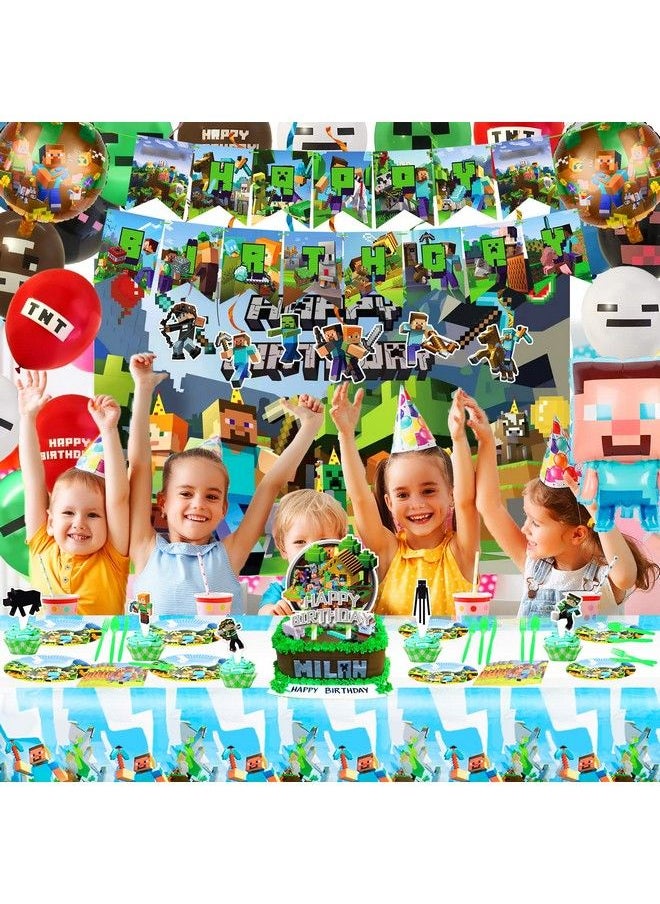 Generic - Pixel Birthday Party Supplies Game Party Supplies Include Banner Backdrop Tableware Cake Toppers Balloons Hanging Swirls Pixel Style Decorations - Image 1