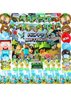 Pixel Birthday Party Supplies Game Party Supplies Include Banner Backdrop Tableware Cake Toppers Balloons Hanging Swirls Pixel Style Decorations