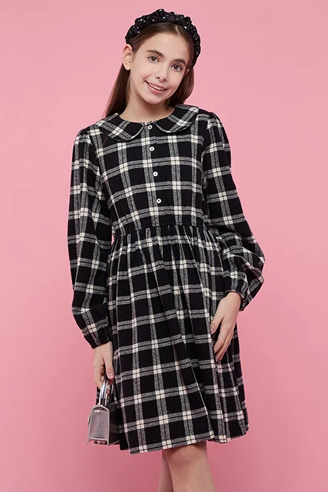 أر أند بي Plaid Fit & Flare Dress with Peter Pan Collar and Puff Sleeves