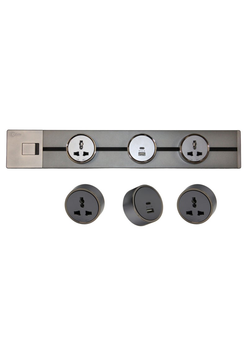 Levin Germany قناة طاقة بطول 50 سم من Levin Germany – مع 3 مقابس مغناطيسية (2 مقبس عالمي، 1 مع USB نوع A و نوع C)، تركيب سطحي ومخفي، ألومنيوم رمادي، 220-240 فولت، ضمان لمدة سنتين  - Image 1