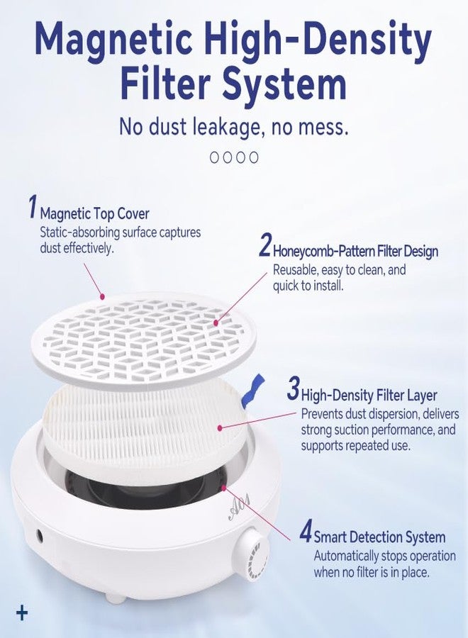 Rolabling Nail Dust Collector with Reusable Filter Compact & Quiet Nail Vacuum Powerful Suction for Acrylic Nail Filing & Polishing White Round Design for Salon, Home, Beginners - Image 3