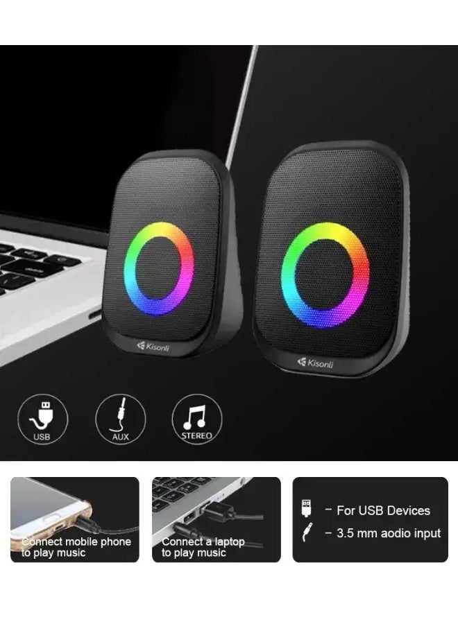 Kisonli X7 RGB USB Multimedia Speaker Portable Stereo PC Laptop Speaker with LED Light and AUX Audio - Image 2