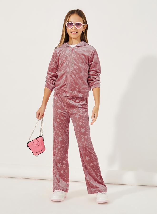 Styli Star Pattern Zipper Front Velvet Hoodie & Flare Hem Pant Set  - Image 1