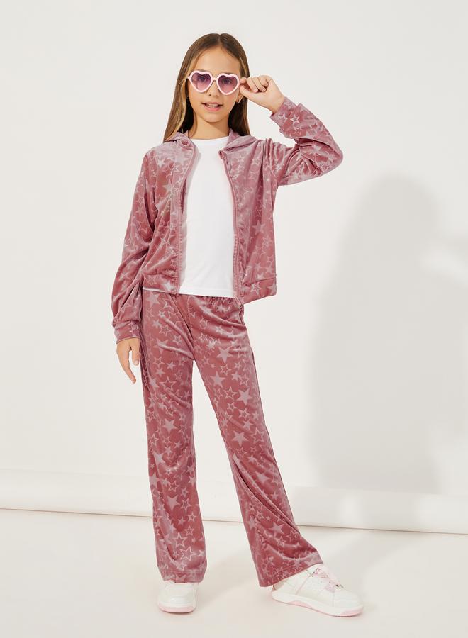 Styli Star Pattern Zipper Front Velvet Hoodie & Flare Hem Pant Set  - Image 2