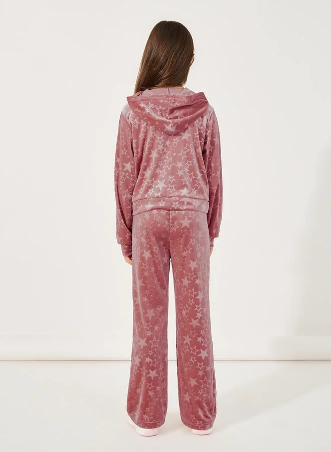 Styli Star Pattern Zipper Front Velvet Hoodie & Flare Hem Pant Set