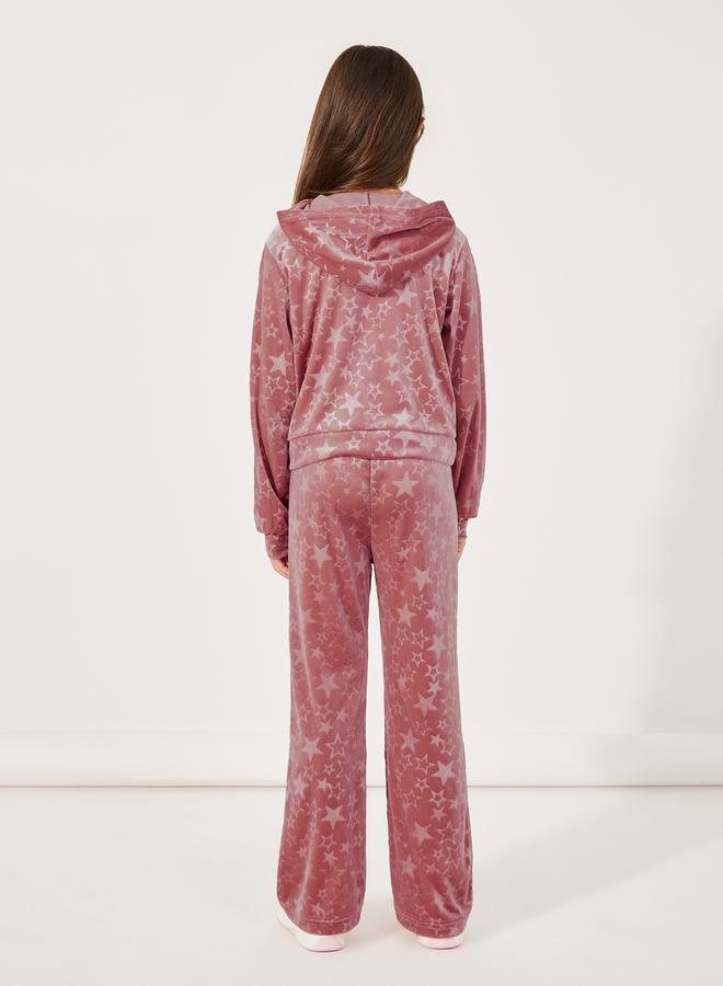 Styli Star Pattern Zipper Front Velvet Hoodie & Flare Hem Pant Set  - Image 5