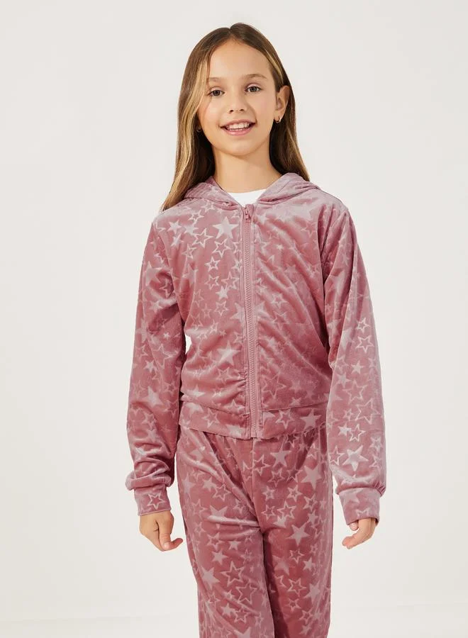 Styli Star Pattern Zipper Front Velvet Hoodie & Flare Hem Pant Set