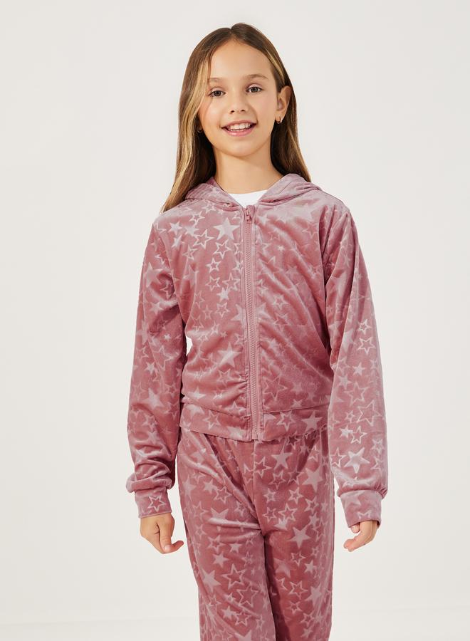 Styli Star Pattern Zipper Front Velvet Hoodie & Flare Hem Pant Set  - Image 3