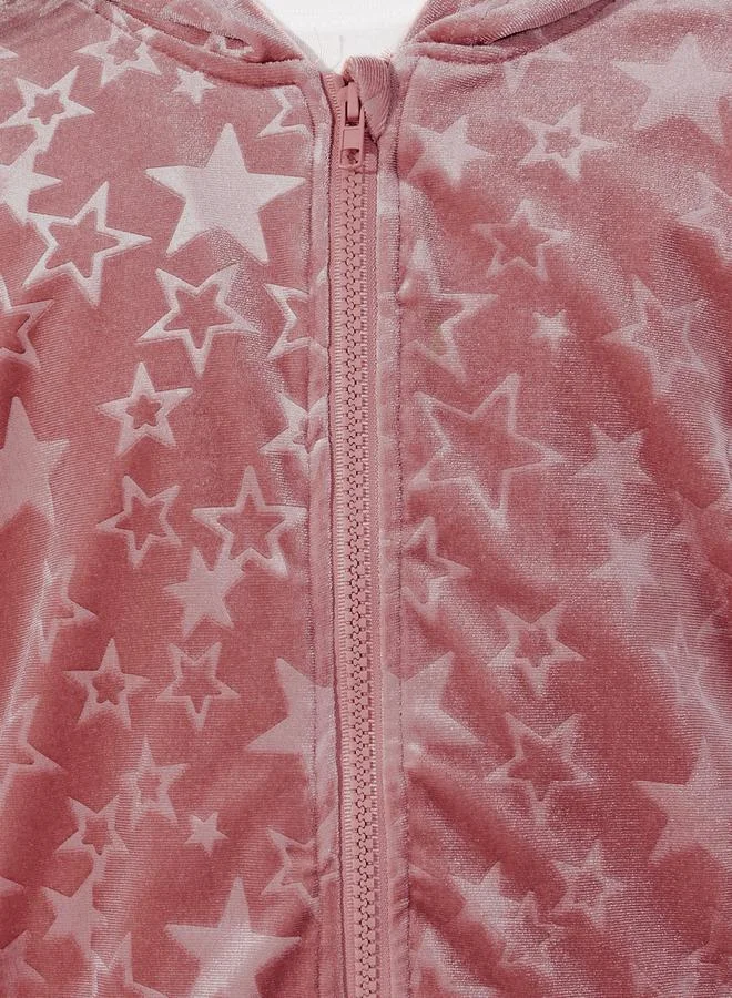 Styli Star Pattern Zipper Front Velvet Hoodie & Flare Hem Pant Set