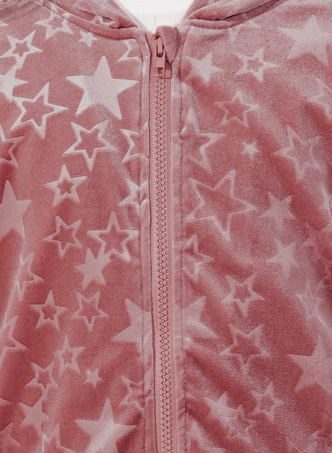 Styli Star Pattern Zipper Front Velvet Hoodie & Flare Hem Pant Set  - Image 4