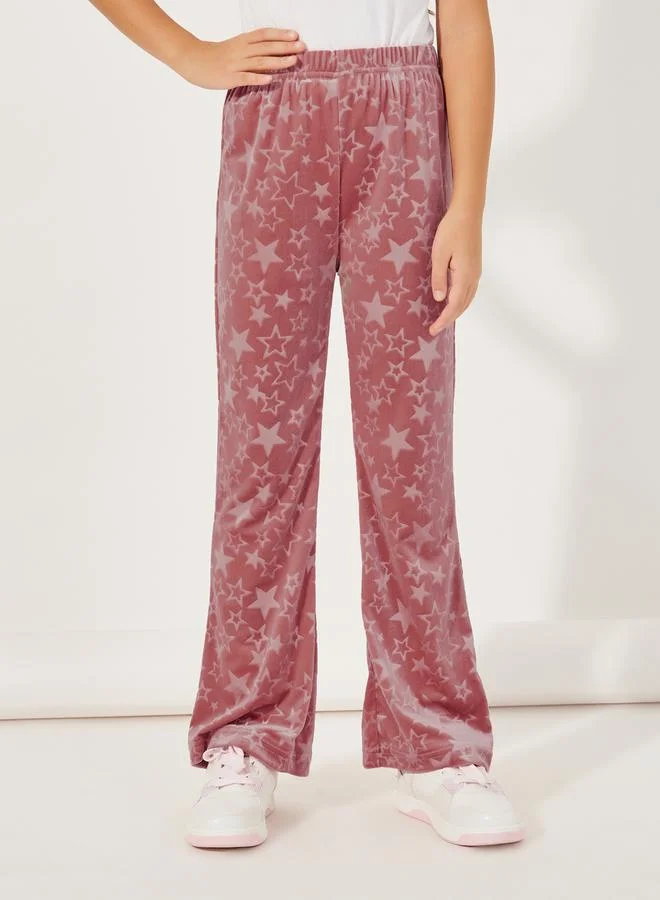 Styli Star Pattern Zipper Front Velvet Hoodie & Flare Hem Pant Set
