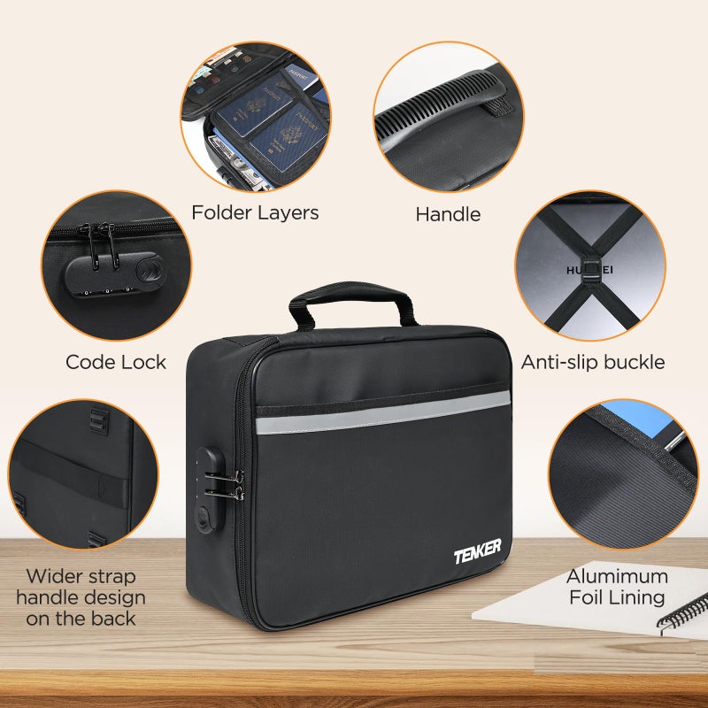 TENKER Document Bag with Lock, Fireproof File Storage Case with Water-Resistant, TENKER Organizer Box for Document, Safe Portable Travel Home Organizer for Laptop, Files, Certificates, Black(15''x11''x4'') - Image 3
