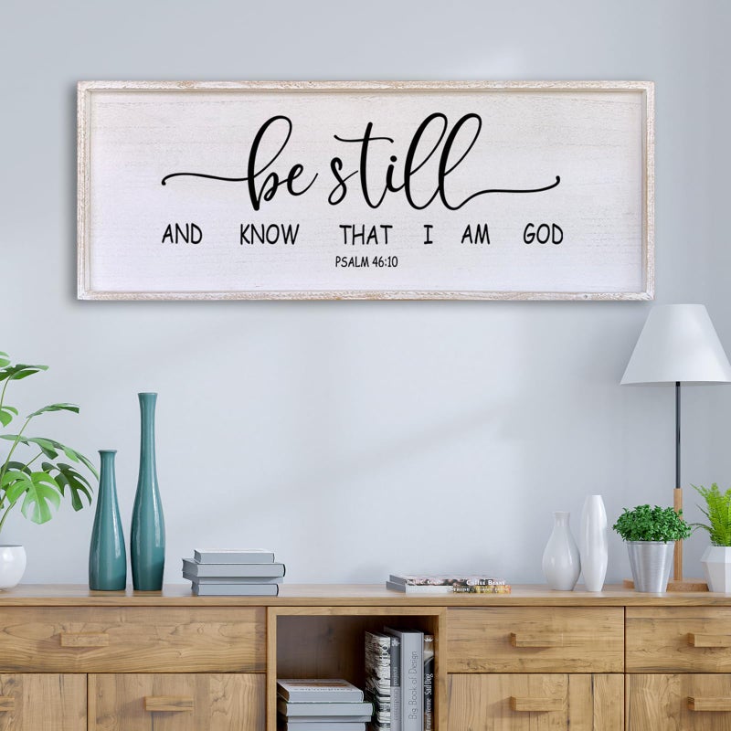 Surfapans Be Still And Know That I Am God Sign 40”X15” Wood Sign For Bedroom Master Bedroom Sign (White) - Image 1