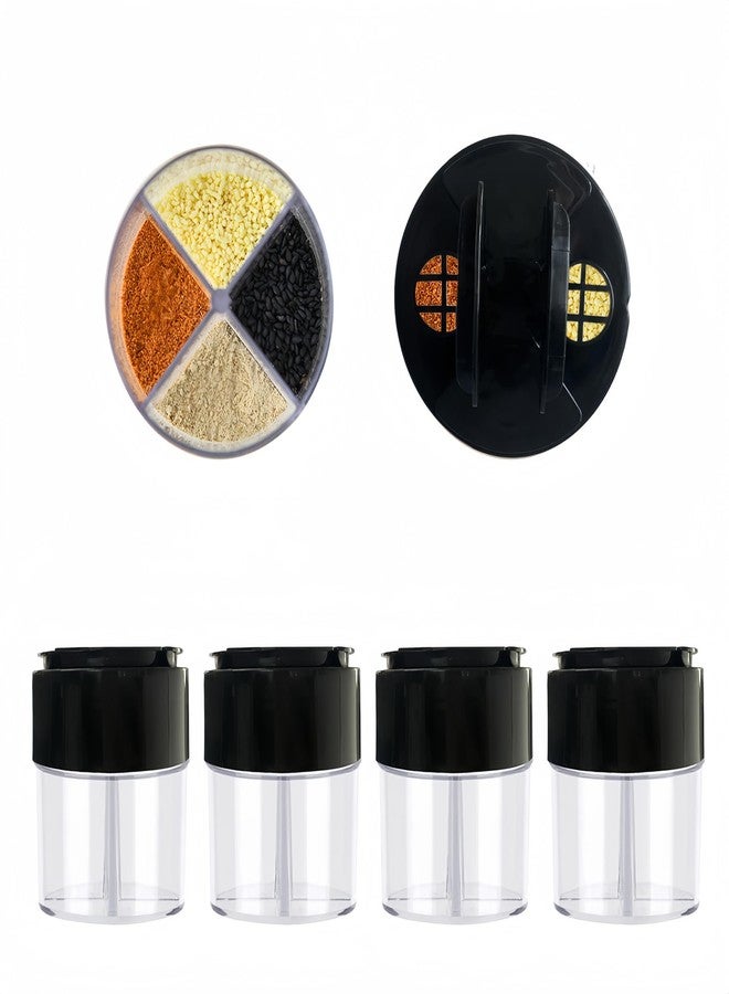 HANZE 4-Pack 4 in 1 Salt and Pepper Shaker Jars Bottles, 4-Grid Flip Lid Spice Jars - Cylindrical Empty Plastic Seasoning Containers with Transparent Body for Travel Camping BBQ Kitchen Cooking (Black) - Image 1