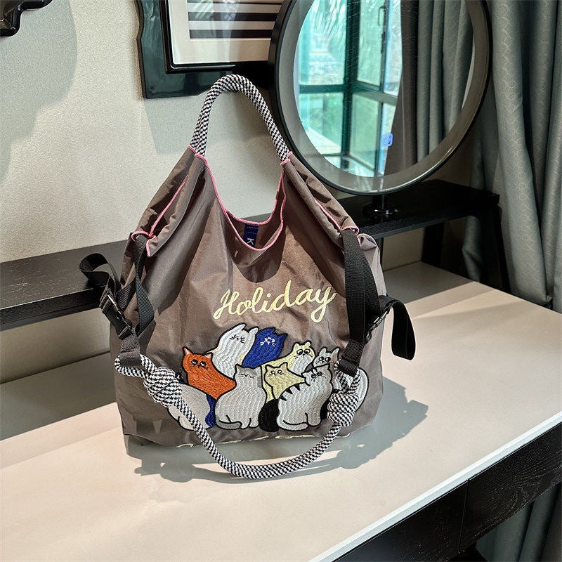 High-Quality Japanese-Style Ball Chain Eco-Friendly Shopping Bag Nylon Fabric Embroidered Floral Tote Nylon Canvas Bag - Image 1